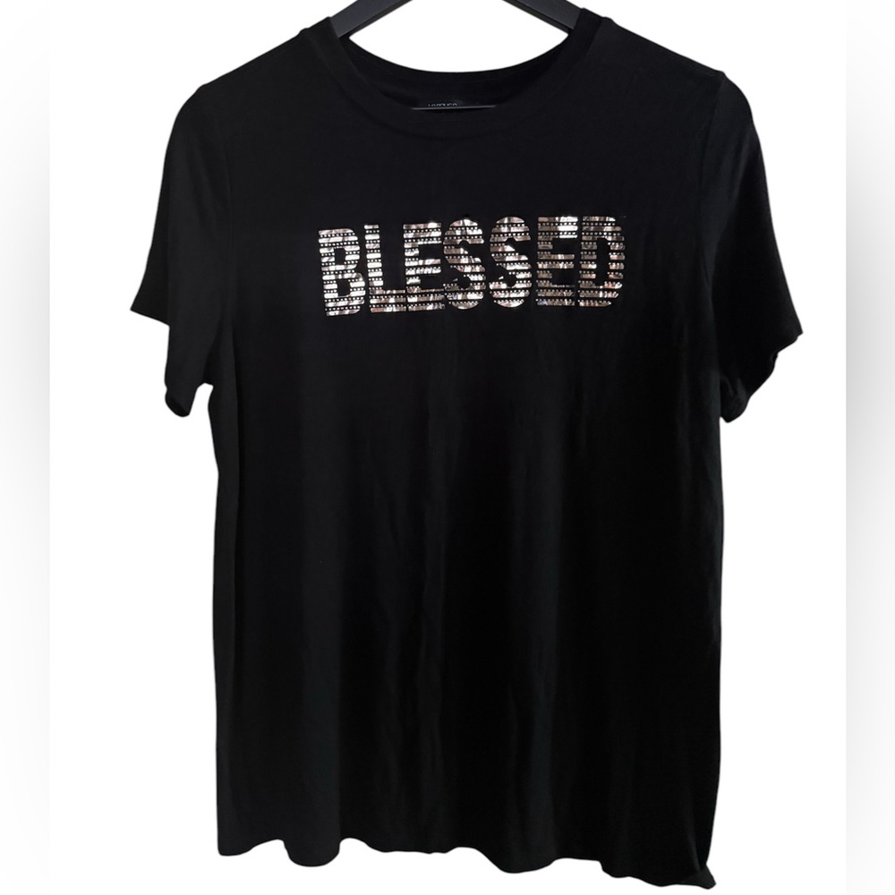 Le Rouge Women’s Black Blessed Rhinestone Tee Size Large.